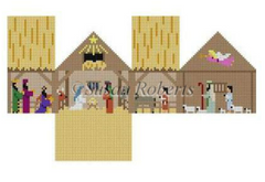 Susan Roberts needlepoint canvas of a nativity creche designed to be folded up into a tiny manger