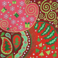 Amanda Lawford needlepoint canvas of geometric pattern filled with Christmas trees holly leaves and presents