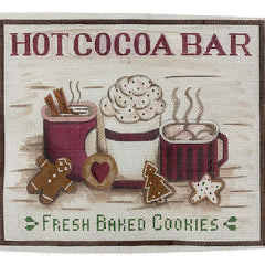 Alice Peterson needlepoint canvas of a hot cocoa bar with three mugs and cookies with a sign saying "fresh baked cookies"