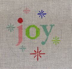 Vallerie Needlepoint Gallery bright winter and Christmas round needlepoint canvas of the word "joy" with snowflakes in vibrant colors