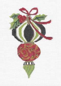 Kelly Clark Christmas needlepoint canvas of a Victorian ornament with holly leaves