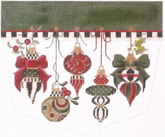 Kelly Clark needlepoint canvas Christmas stocking cuff of Victorian ornaments in forest green and cranberry red