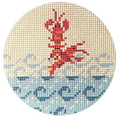 Kelly Clark nautical round needlepoint canvas insert of two lobsters jumping out of ocean waves on a cream background