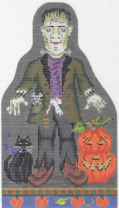 Kelly Clark Halloween needlepoint canvas of Frankenstein's monster from the Mary Shelley book with a black cat and a jack-o-lantern pumpkin