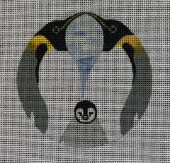 Scott Partridge for Vallerie Needlepoint Gallery round needlepoint canvas of two adult penguins facing each other with a baby penguin chick