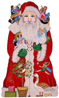 Amanda Lawford (for Vallerie Needlepoint Gallery) needlepoint canvas of Santa in traditional red with white trim carrying items from the song 12 days of christmas - there is a partridge in a pear tree at his feet next to a goose laying eggs