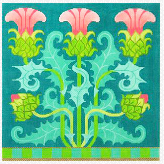 Amanda Lawford bright needlepoint canvas of thistle plants and flowers
