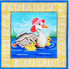 Vallerie Needlepoint Gallery square needlepoint canvas of Mother Goose and two chicks from the nursery rhyme