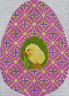 Amanda Lawford Easter egg shaped needlepoint canvas with chick on a purple geometric background