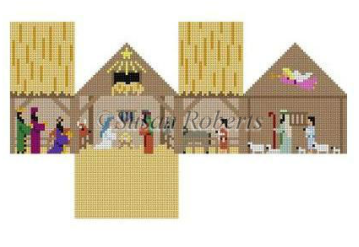 Susan Roberts needlepoint canvas of a nativity creche designed to be folded up into a tiny manger