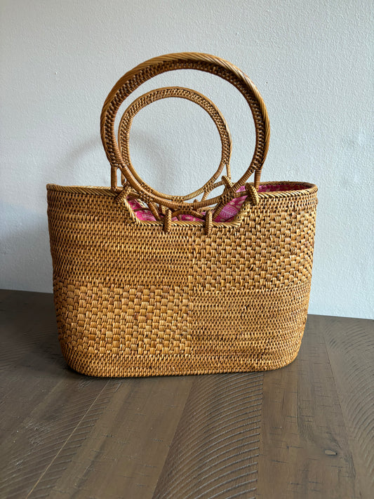 Rattan Handbag - Pink Lining