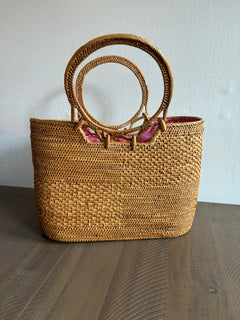 Rattan Handbag - Pink Lining