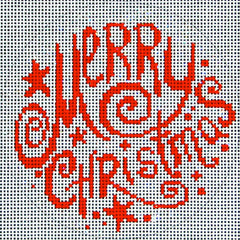 DC designs round Christmas ornament needlepoint canvas of the phrase "merry Christmas" in red on a white background with stars in a whimsical font