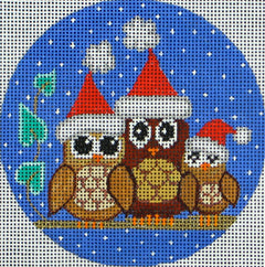 DC designs round Christmas needlepoint canvas of three whimsical owls on a snowy background