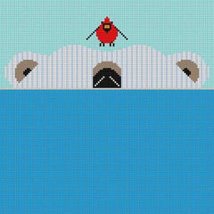 Charley Harper and The Meredith Collection needlepoint canvas of a swimming polar bear with a cardinal on its head entitled "scary scenario"