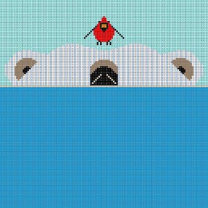 Charley Harper and The Meredith Collection needlepoint canvas of a swimming polar bear with a cardinal on its head entitled "scary scenario"