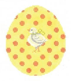 Kelly Clark and Colonial Needle needlepoint canvas of a yellow easter egg with orange polka dots and a baby chick
