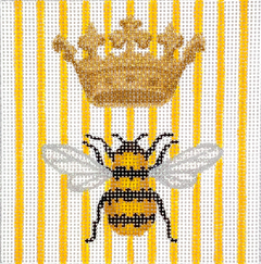 Kate Dickerson 4 inch square needlepoint canvas of a bumblebee with a golden crown on a yellow and white striped background.