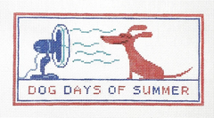 Dave Klug for Lauren Bloch needlepoint canvas of a dog sitting in front of a fan saying "dog days of summer"