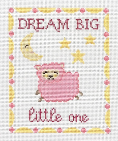 Lauren Bloch needlepoint baby sleeping canvas with the phrase "dream big little one", the moon, stars, and a jumping pink sheep