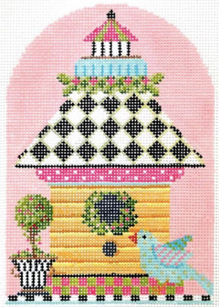 Kelly Clark spring needlepoint canvas of a yellow birdhouse with harlequin roof