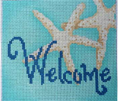 Associated Talents preppy welcome sign needlepoint canvas blue with starfish