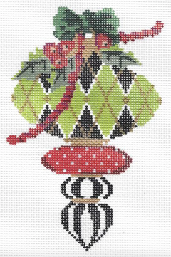 Kelly Clark Christmas needlepoint canvas of a Victorian ornament with green harlequin diamonds and holly leaves