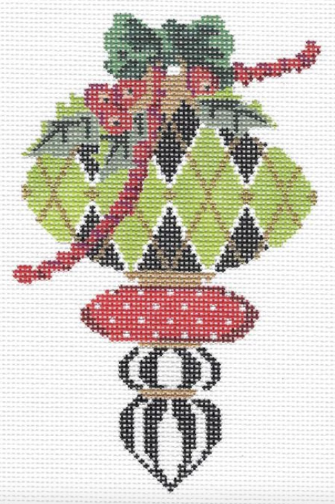 Kelly Clark Christmas needlepoint canvas of a Victorian ornament with green harlequin diamonds and holly leaves