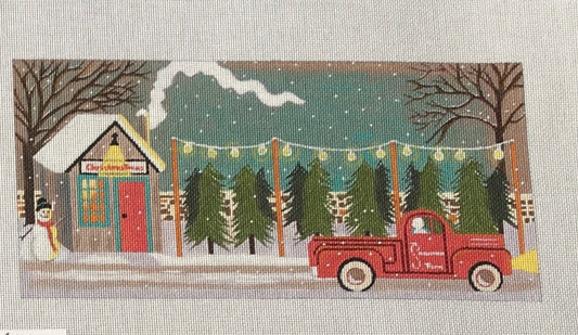 Mary Charles for Painted Pony Christmas needlepoint canvas of a christmas tree lot with a red antique pickup truck and a snowman