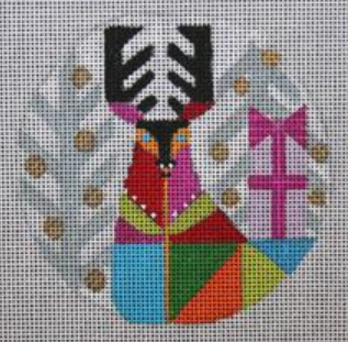 Melissa Prince geometric colorful reindeer with winter trees in the background round needlepoint canvas (part of her abstract Christmas/winter animals series)