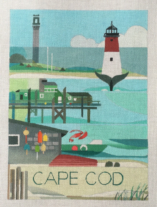 Max and Oscar for Painted Pony needlepoint canvas of a Cape Cod, Massachusetts beach with a lighthouse and whale in the background and a lobster boat
