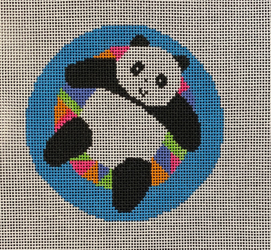 Vallerie Needlepoint Gallery round whimsical needlepoint canvas of a panda on a bright and vibrant floatie inner tube 