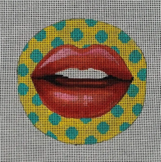 Colors of Praise round needlepoint canvas of pop art red lips on a yellow and turquoise polka dot pattern