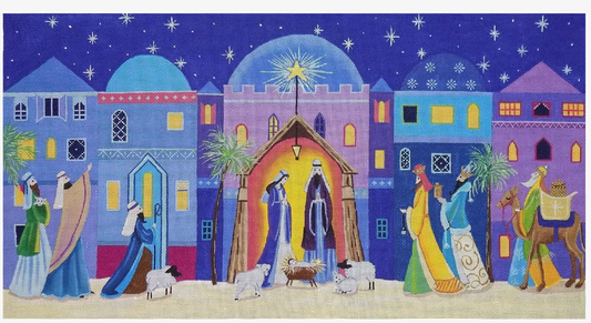 Love You More needlepoint canvas of a manger nativity scene in front of the skyline of Bethlehem in vibrant colors with Mary, Joseph, Jesus, the wise men, and shepherds