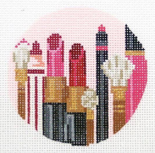 Kelly Clark needlepoint canvas of makeup brushes and lipstick sized for self-finishing boxes (insert)