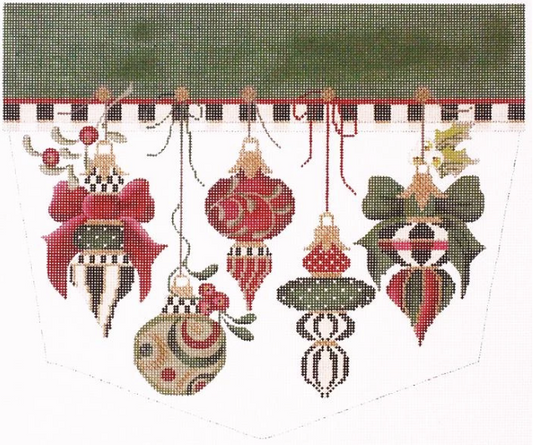 Kelly Clark needlepoint canvas Christmas stocking cuff of Victorian ornaments in forest green and cranberry red