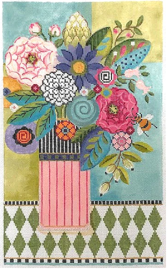 Kelly Clark for Colonial Needle needlepoint canvas of a spring floral arrangement with mixed flowers and a bee on a blue and green background with a green and white harlequin tablecloth